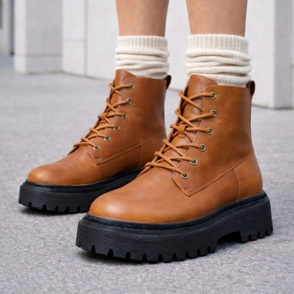 Madewell Brown Leather Lug Sole Ankle Combat Boots Lace Up Rayna‎